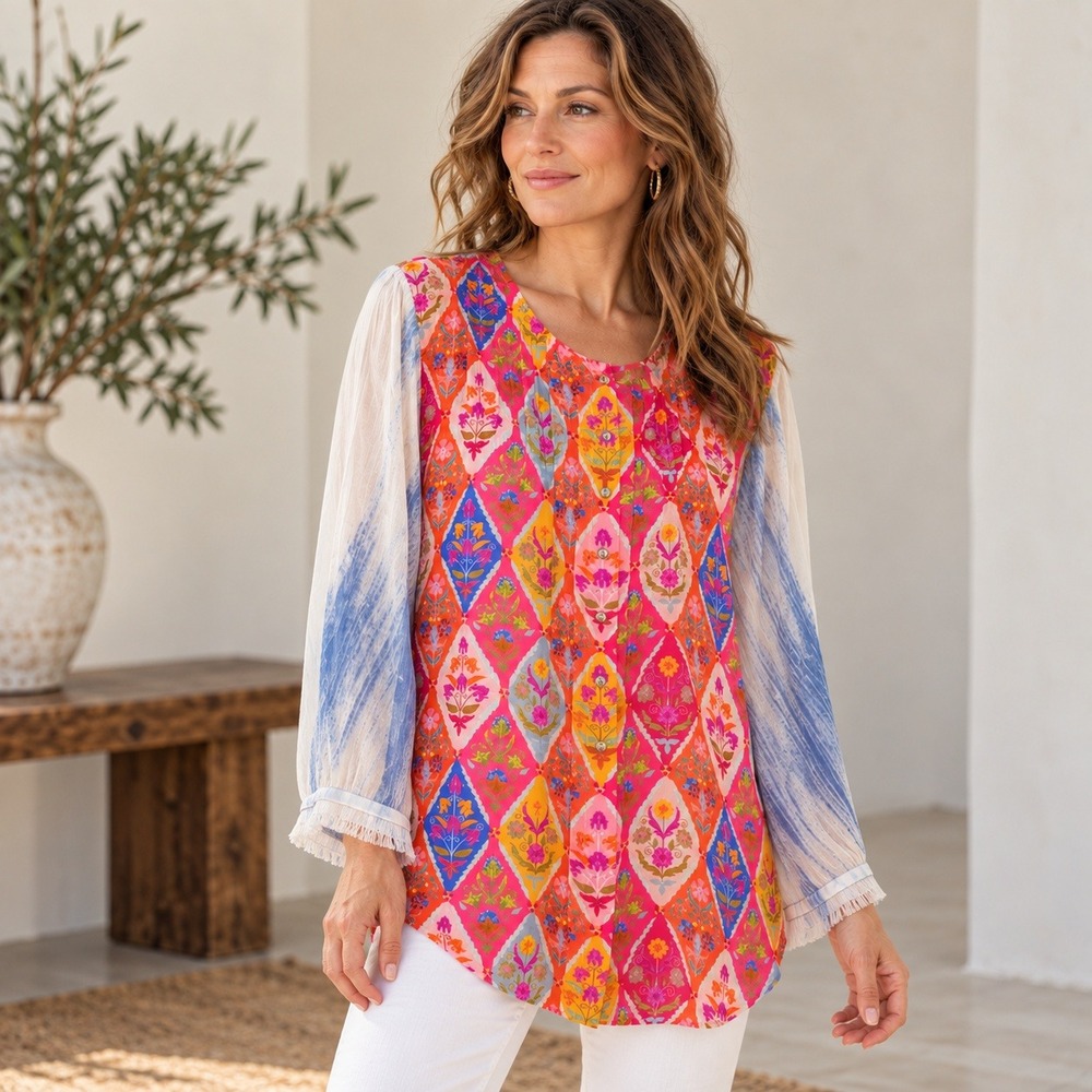 Soft Surrounding Colorful Floral Button Down Top Size L Boho Artsy Peasant Tunic